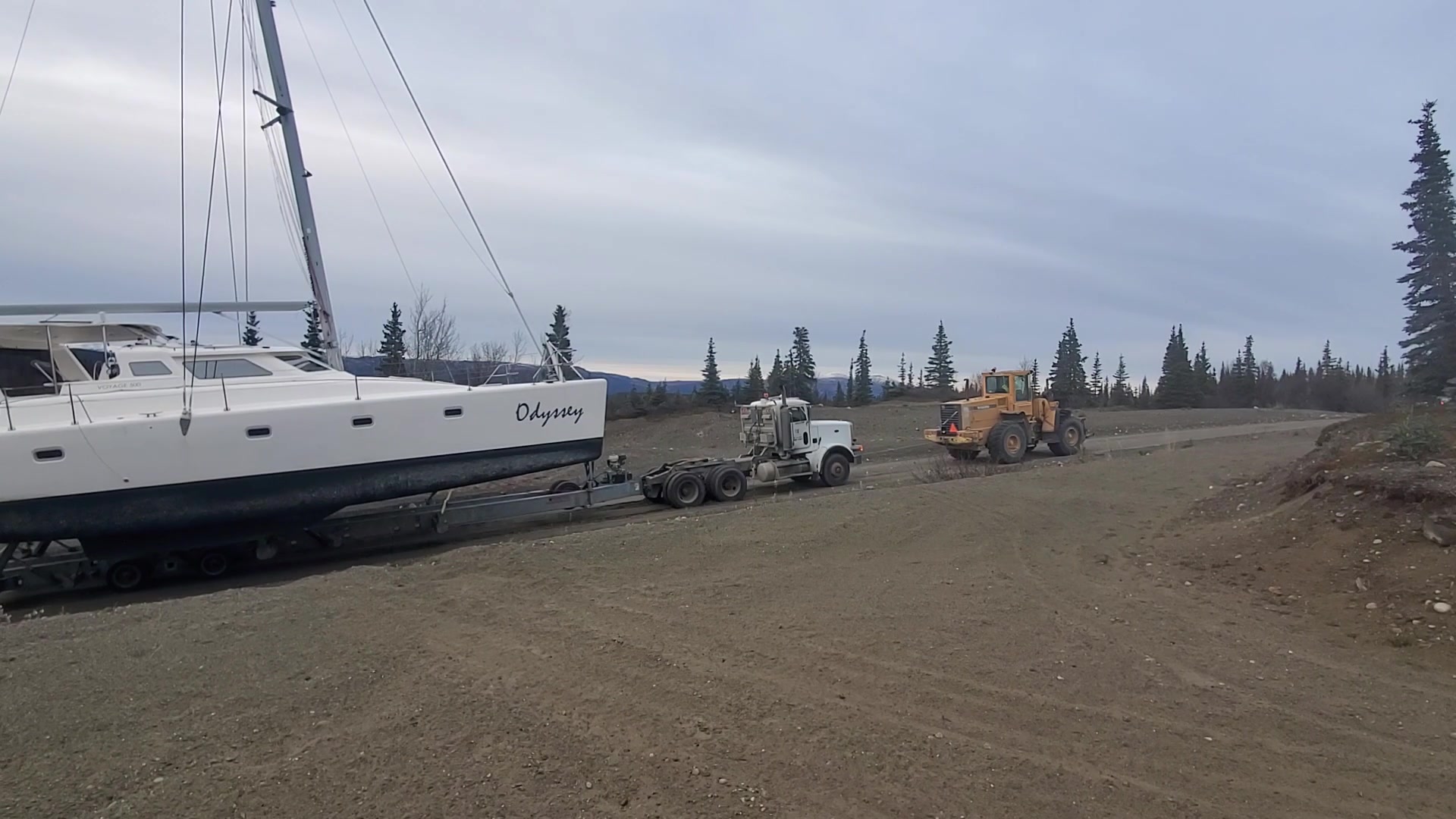 Odyssey being transported overland during her journey to Lake Clark